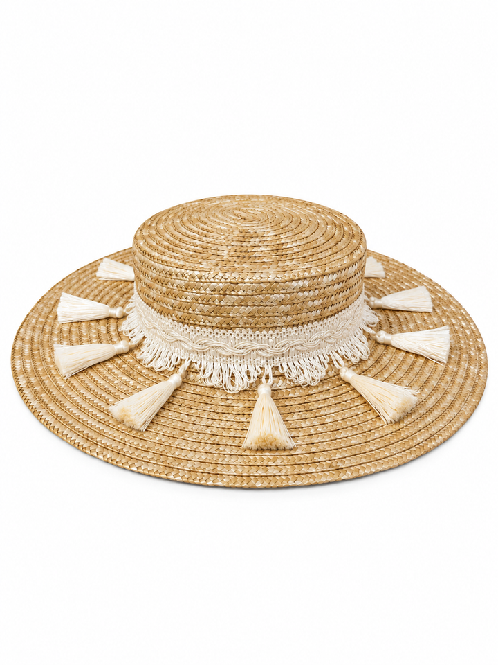 Folklore Cordobes Hut mit folkloristischen Quasten in Creme - aus 100%Stroh