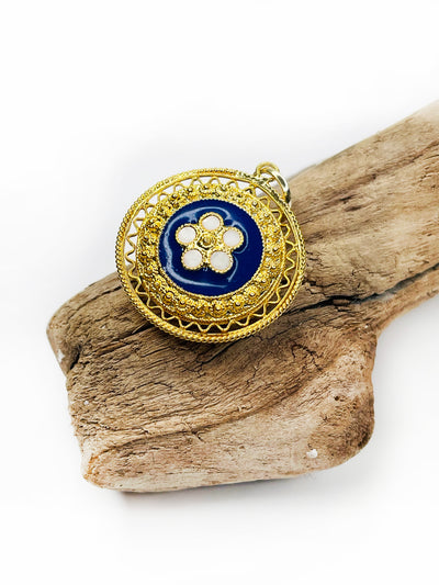 Medaillon Anhänger  floral- emailliert in Gold mit Blau
